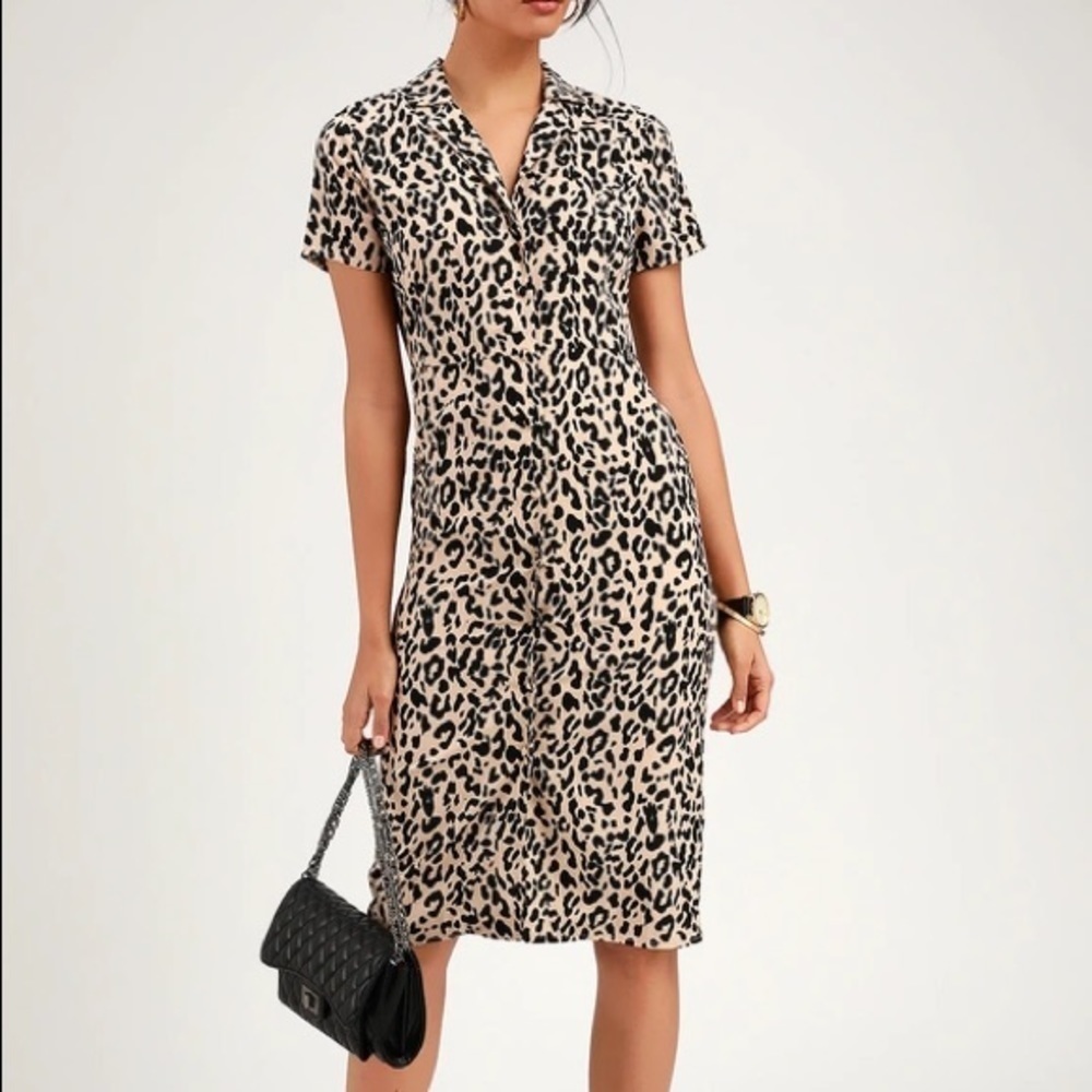 Lulus Leopard Print Button Front Midi Shirt Dress Tan Black Short Sleeve Large